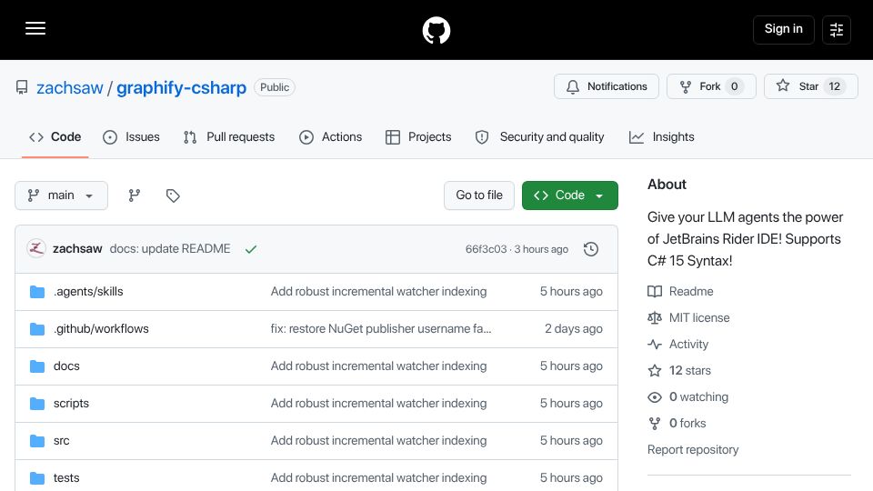Screenshot of github.com: Show HN: Graphify C# – Compiler-accurate Find Usages for coding agents