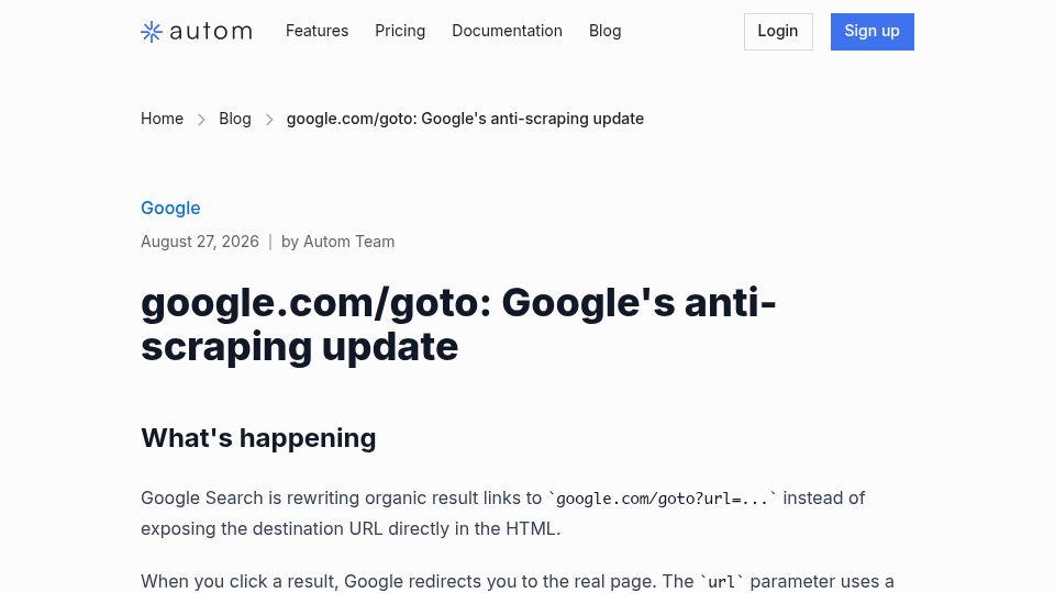 Screenshot of autom.dev: google.com/goto: Google's anti-scraping update