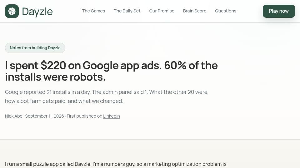 Screenshot of dayzlegame.com: I spent $220 on Google app ads and 60% of the installs were robots
