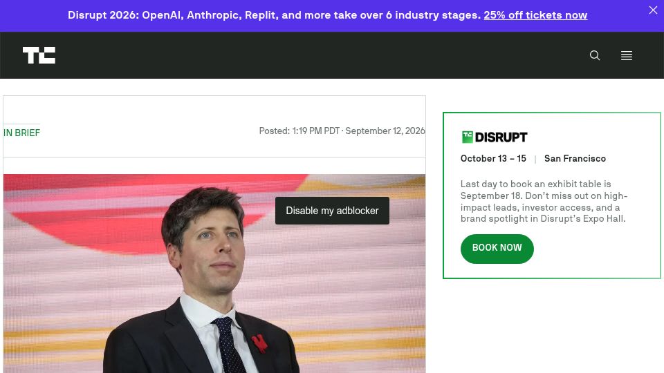 Screenshot of techcrunch.com: OpenAI's Sam Altman says it would be 'ill-advised' to go public in 2026