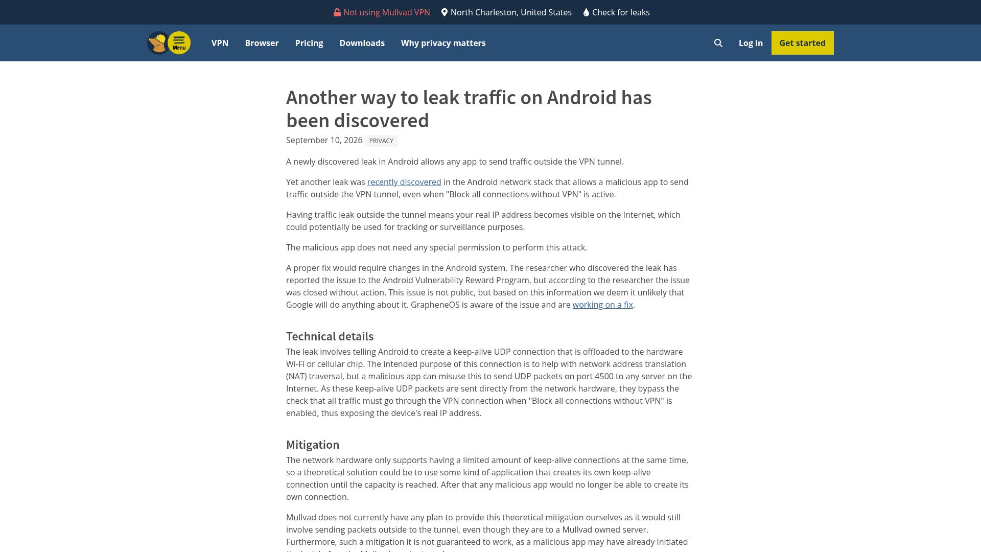 Screenshot of supuk.ch: Android NAT-T keepalive offload bypasses VPN lockdown