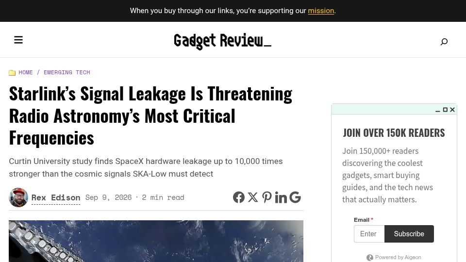 Screenshot of gadgetreview.com: Starlink Signal Leakage Threatens Radio Astronomy's Most Critical Frequencies