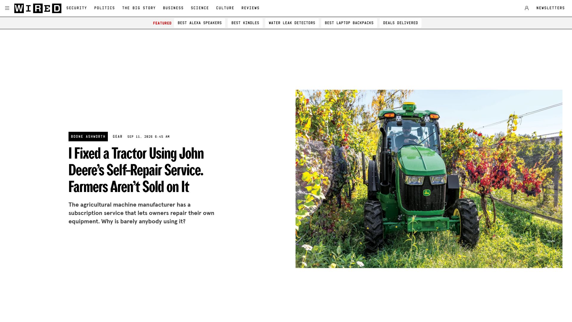 Screenshot of wired.com: I fixed a tractor using John Deere's self-repair service. Farmers aren't sold