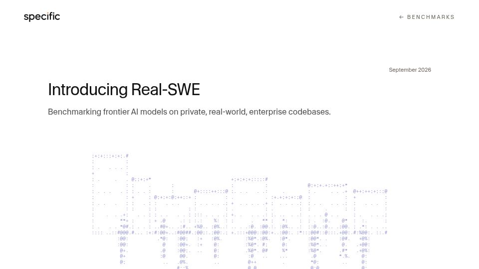 Screenshot of withspecific.com: Real-SWE: Benchmarking AI models on private, real-world, enterprise codebases