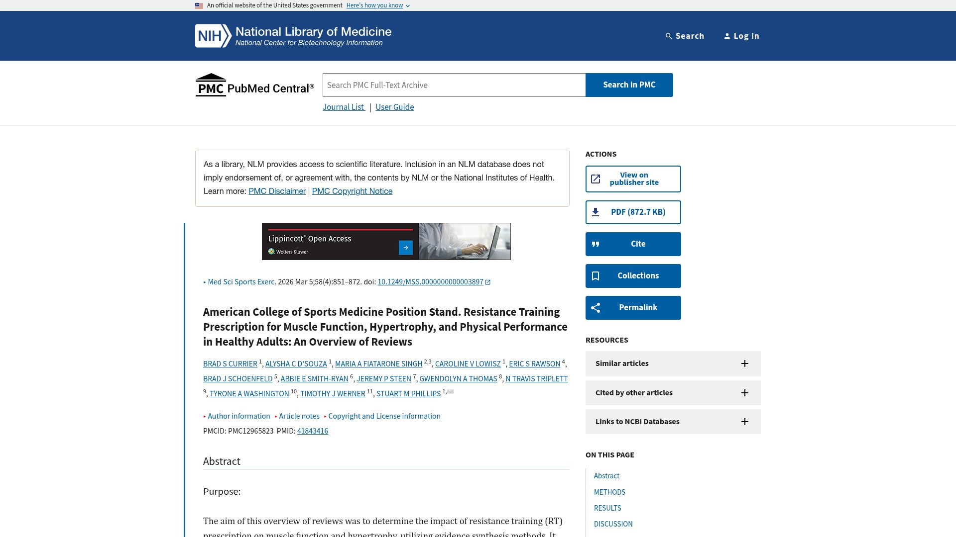 Screenshot of pmc.ncbi.nlm.nih.gov: Resistance Training Prescription for Muscle Function, Hypertrophy in Health