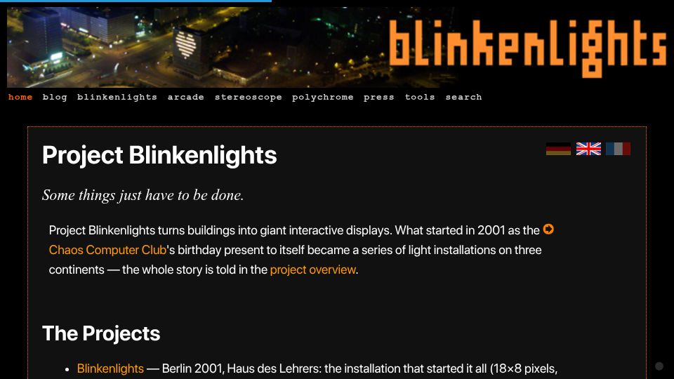 Screenshot of blinkenlights.de: Project Blinkenlights