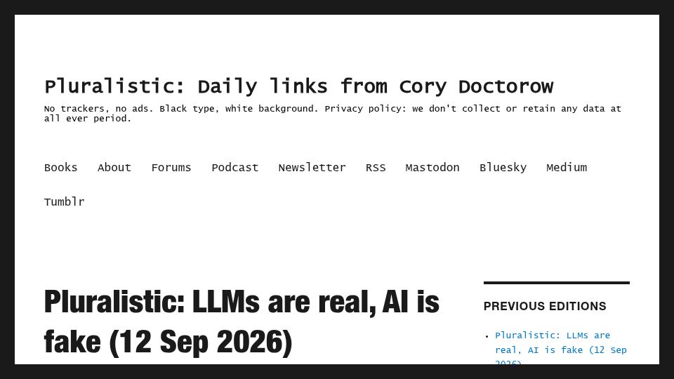Screenshot of pluralistic.net: LLMs are real, AI is fake
