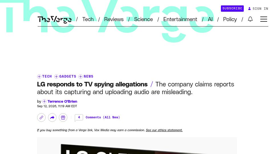 Screenshot of theverge.com: LG responds to TV spying allegations