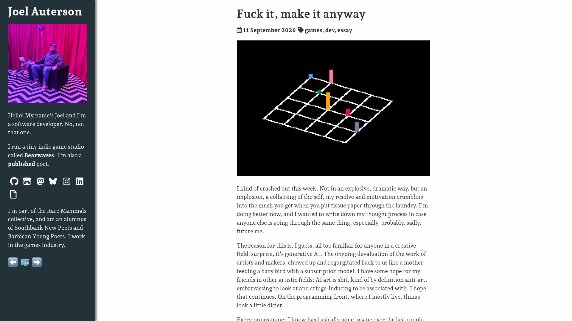 Screenshot of joelotter.com: Fuck it, make it anyway
