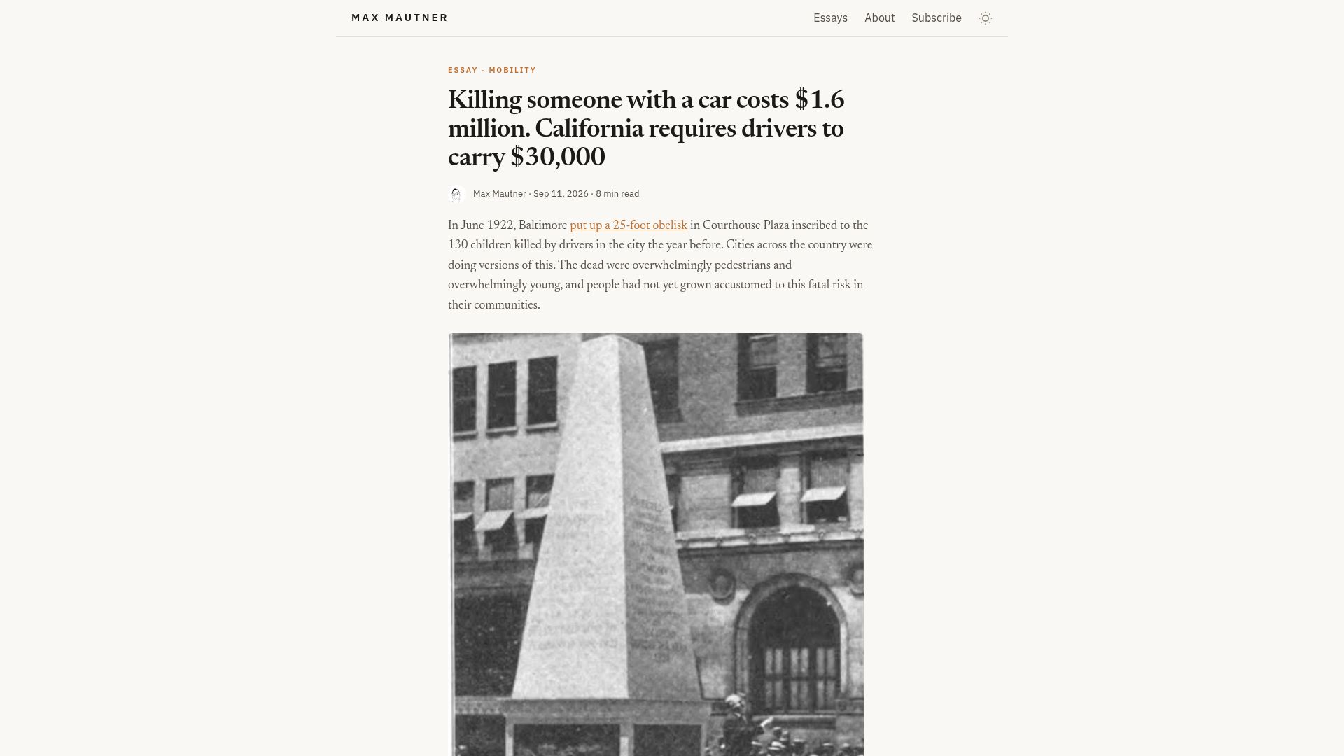 Screenshot of maxmautner.com: Killing with a car costs $1.6M, California requires drivers to carry $30K