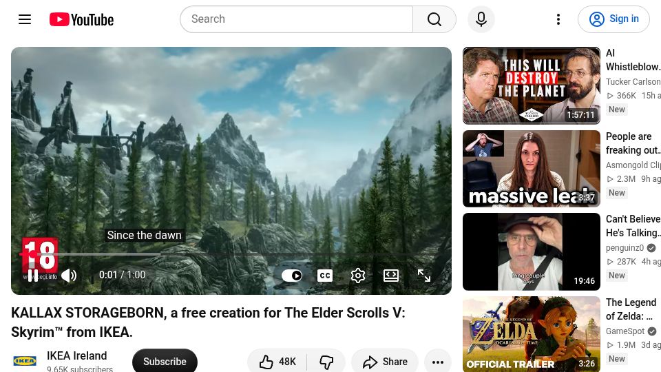 Screenshot of youtube.com: IKEA made a mod for Skyrim [video]