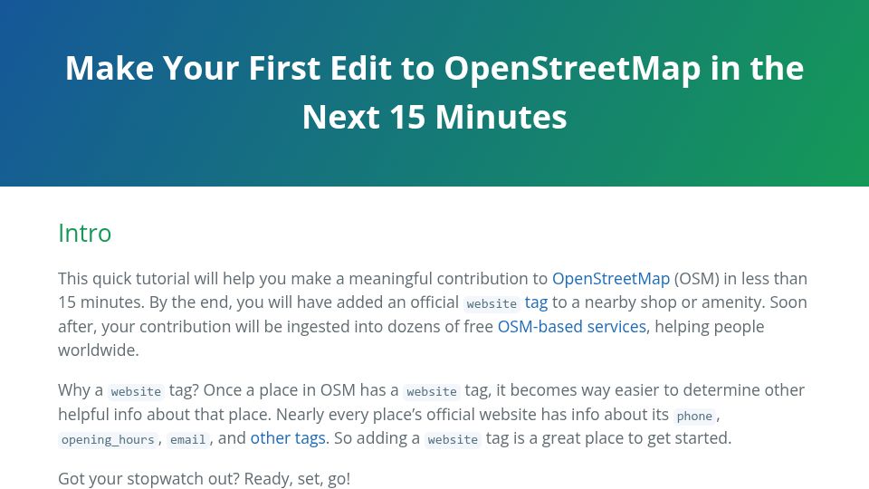 Screenshot of high5apps.github.io: Make your first edit to OpenStreetMap