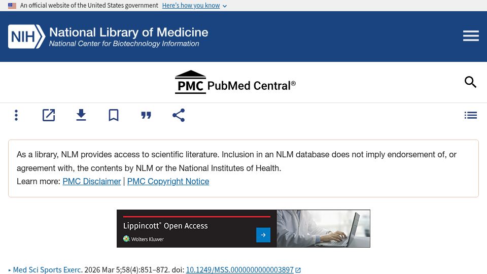 Screenshot of pmc.ncbi.nlm.nih.gov: Resistance Training Prescription for Muscle Function, Hypertrophy in Health