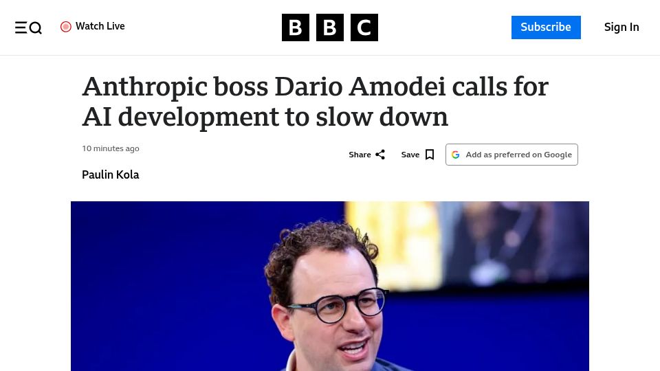 Screenshot of bbc.com: Anthropic boss Dario Amodei calls for AI development to slow down