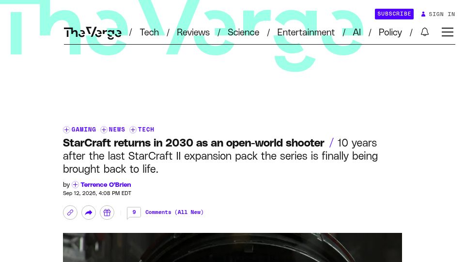 Screenshot of theverge.com: StarCraft returns in 2030 as an open-world shooter