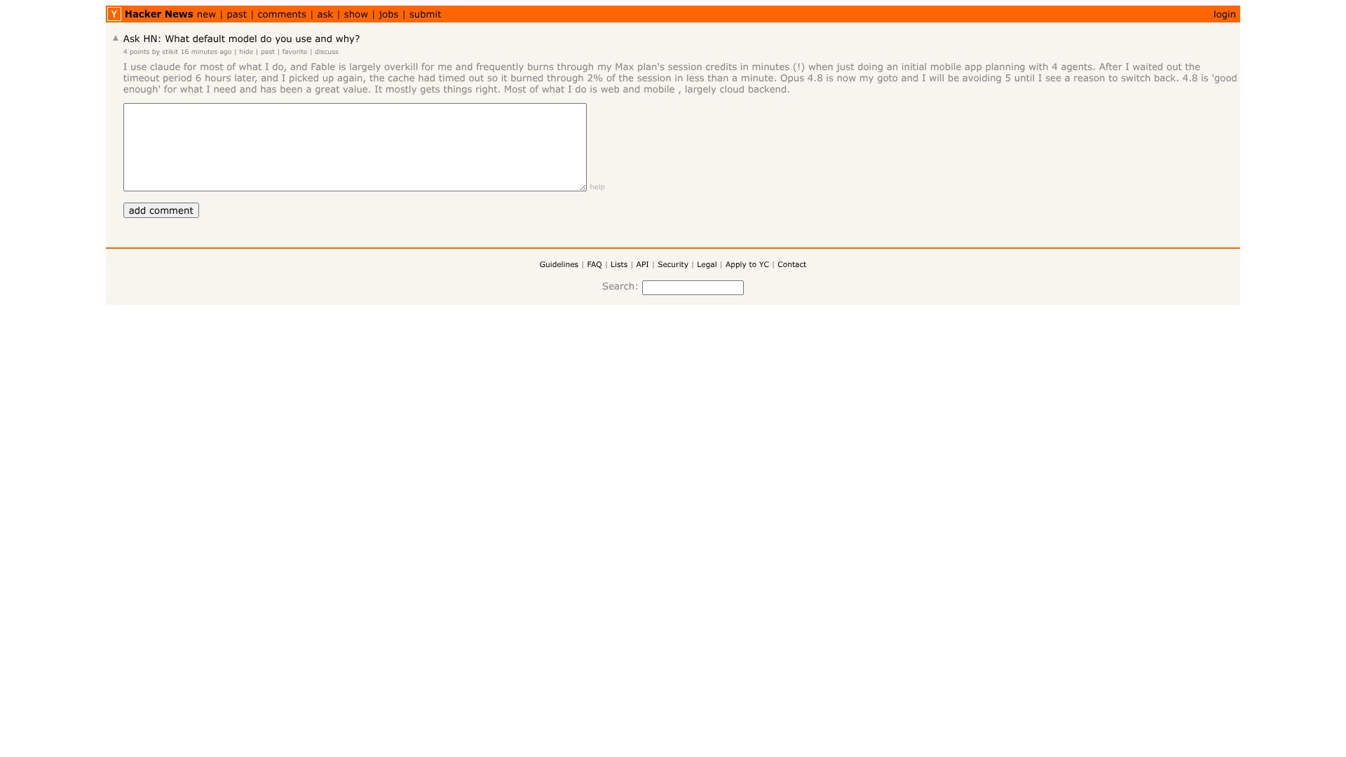 Screenshot of this Hacker News post: Ask HN: What default model do you use and why?