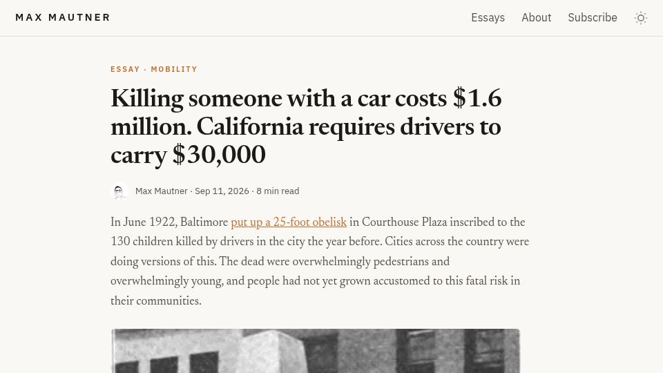 Screenshot of maxmautner.com: Killing with a car costs $1.6M, California requires drivers to carry $30K
