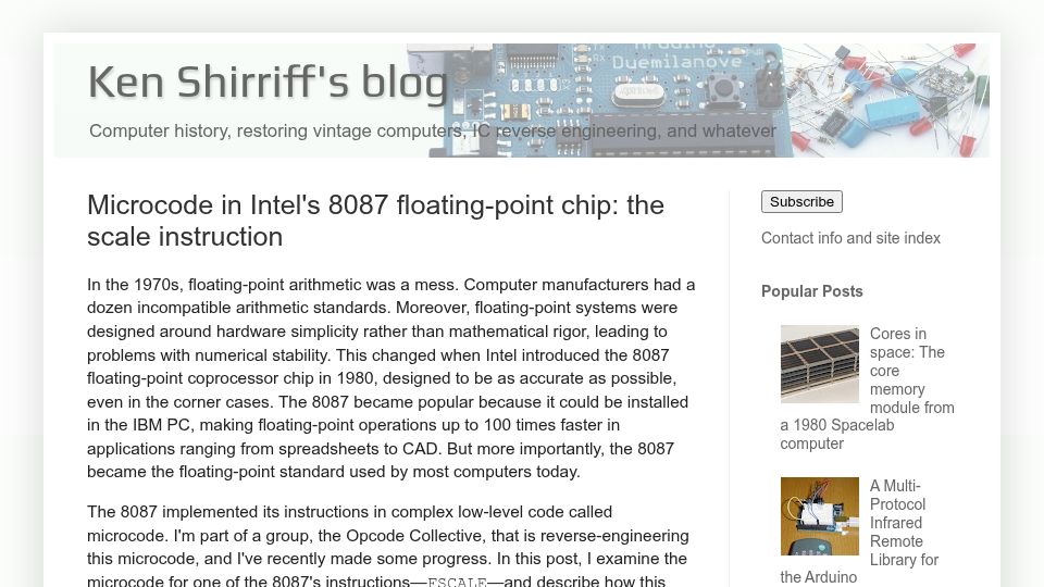 Screenshot of righto.com: Microcode in Intel's 8087 floating-point chip: the scale instruction