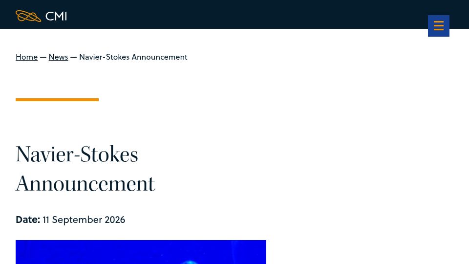 Screenshot of claymath.org: Navier-Stokes Announcement