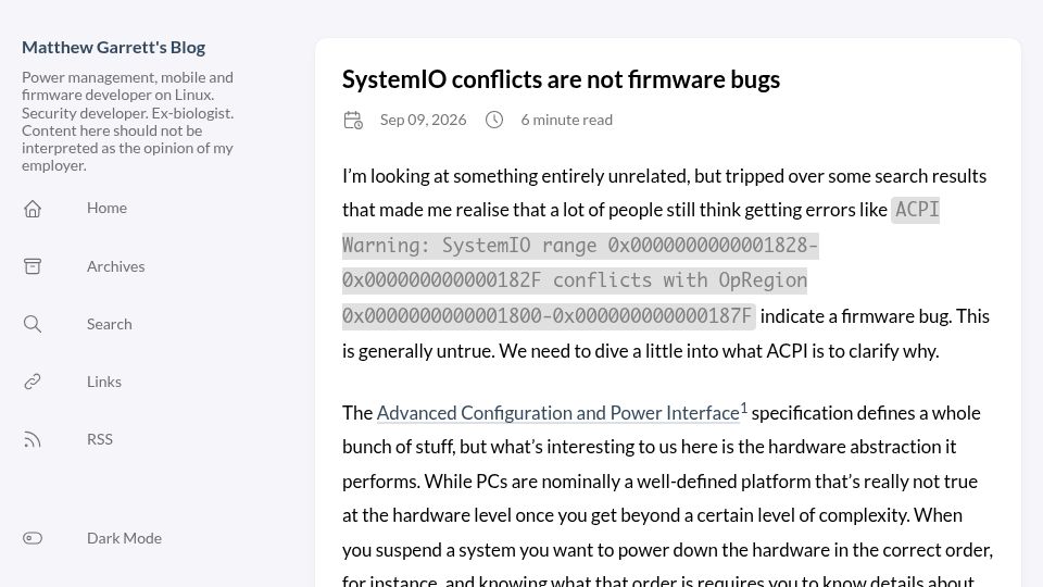 Screenshot of codon.org.uk: SystemIO conflicts are not firmware bugs