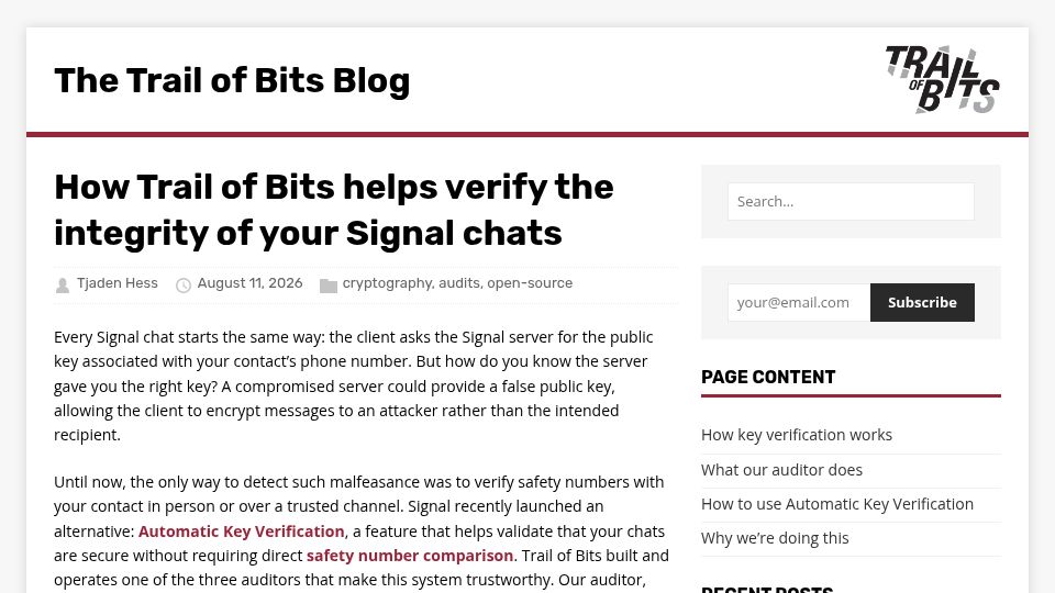 Screenshot of blog.trailofbits.com: How Trail of Bits helps verify the integrity of Signal chats