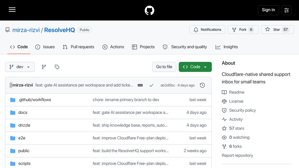 Screenshot of github.com: Show HN: ResolveHQ – A Helpdesk Built on Cloudflare Workers, D1, R2 and Queues