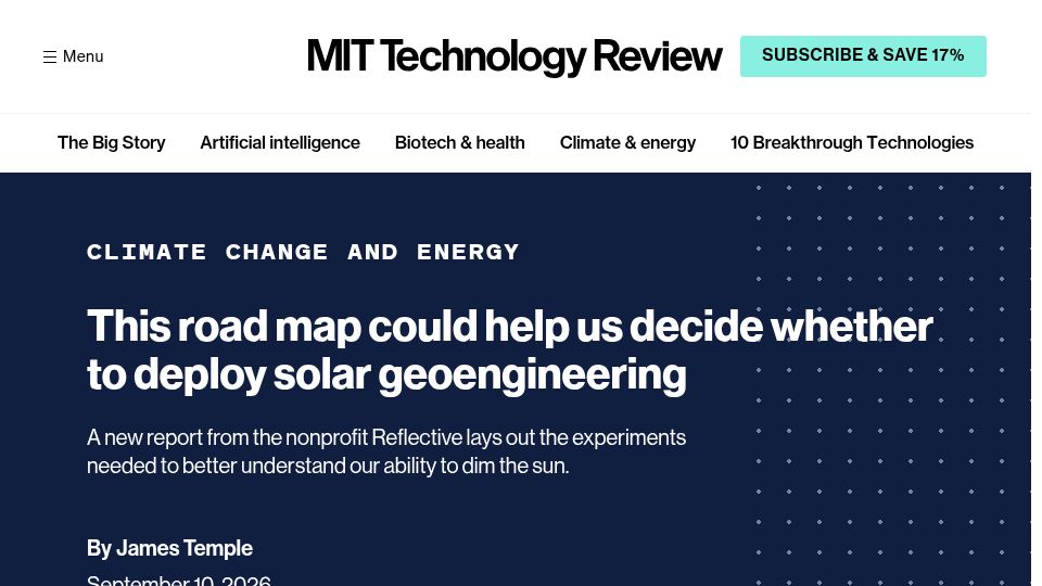 Screenshot of technologyreview.com: Detailed report on the use of solar geoengineering