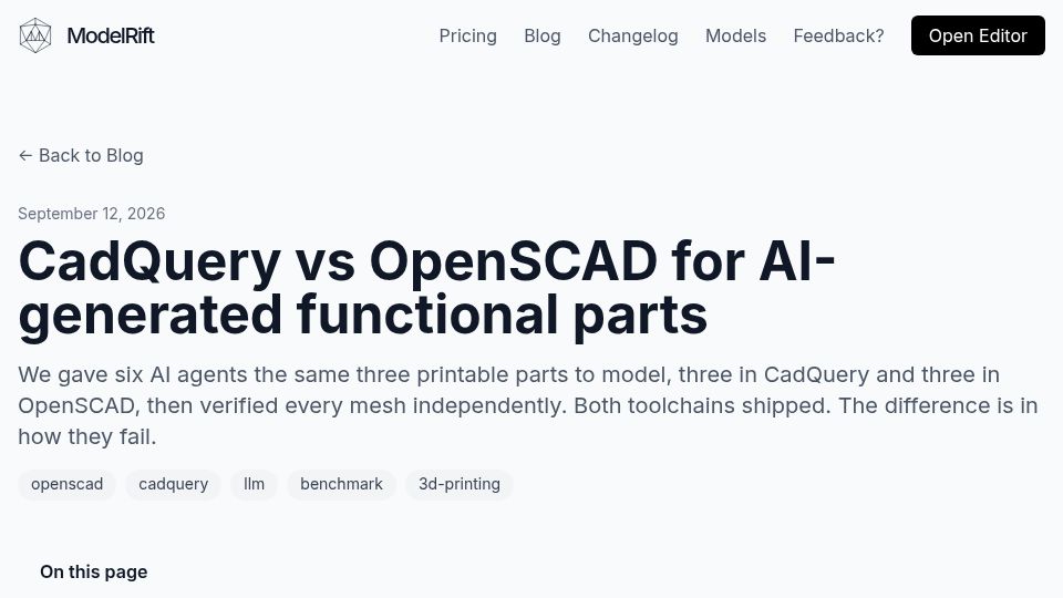 Screenshot of modelrift.com: Benchmark: CadQuery vs. OpenSCAD for agentic CAD work