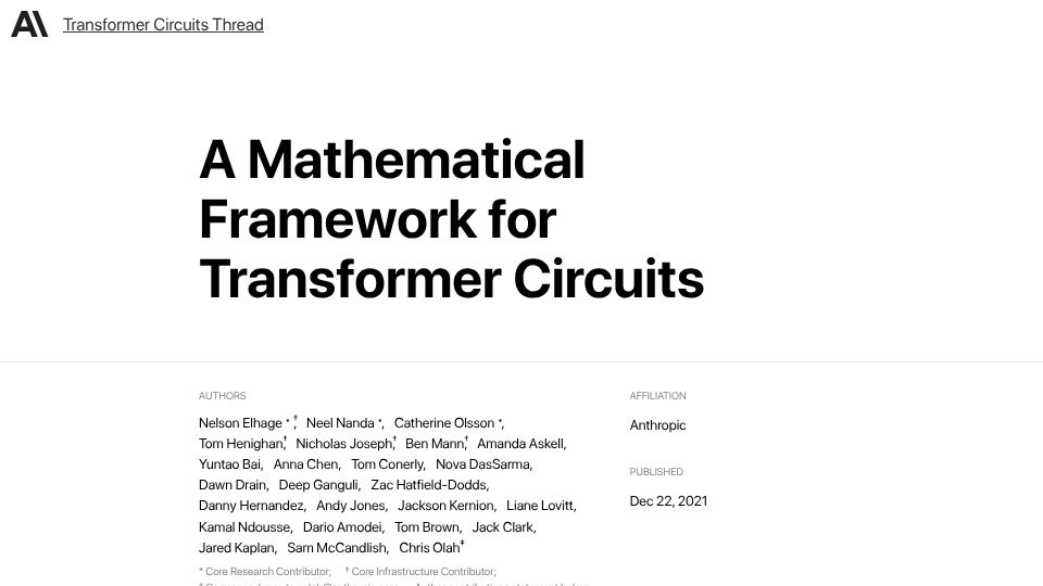 Screenshot of transformer-circuits.pub: A Mathematical Framework for Transformer Circuits (2021)
