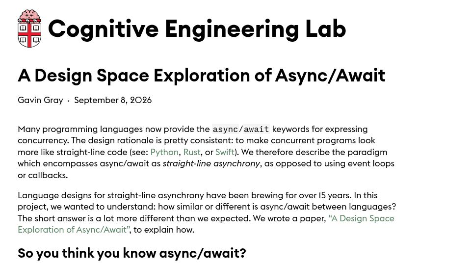 Screenshot of cel.cs.brown.edu: A Design Space Exploration of Async/Await