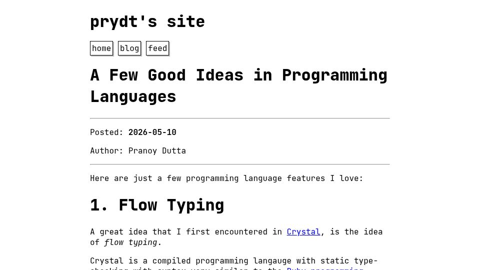 Screenshot of prydt.xyz: A few good ideas in programming languages