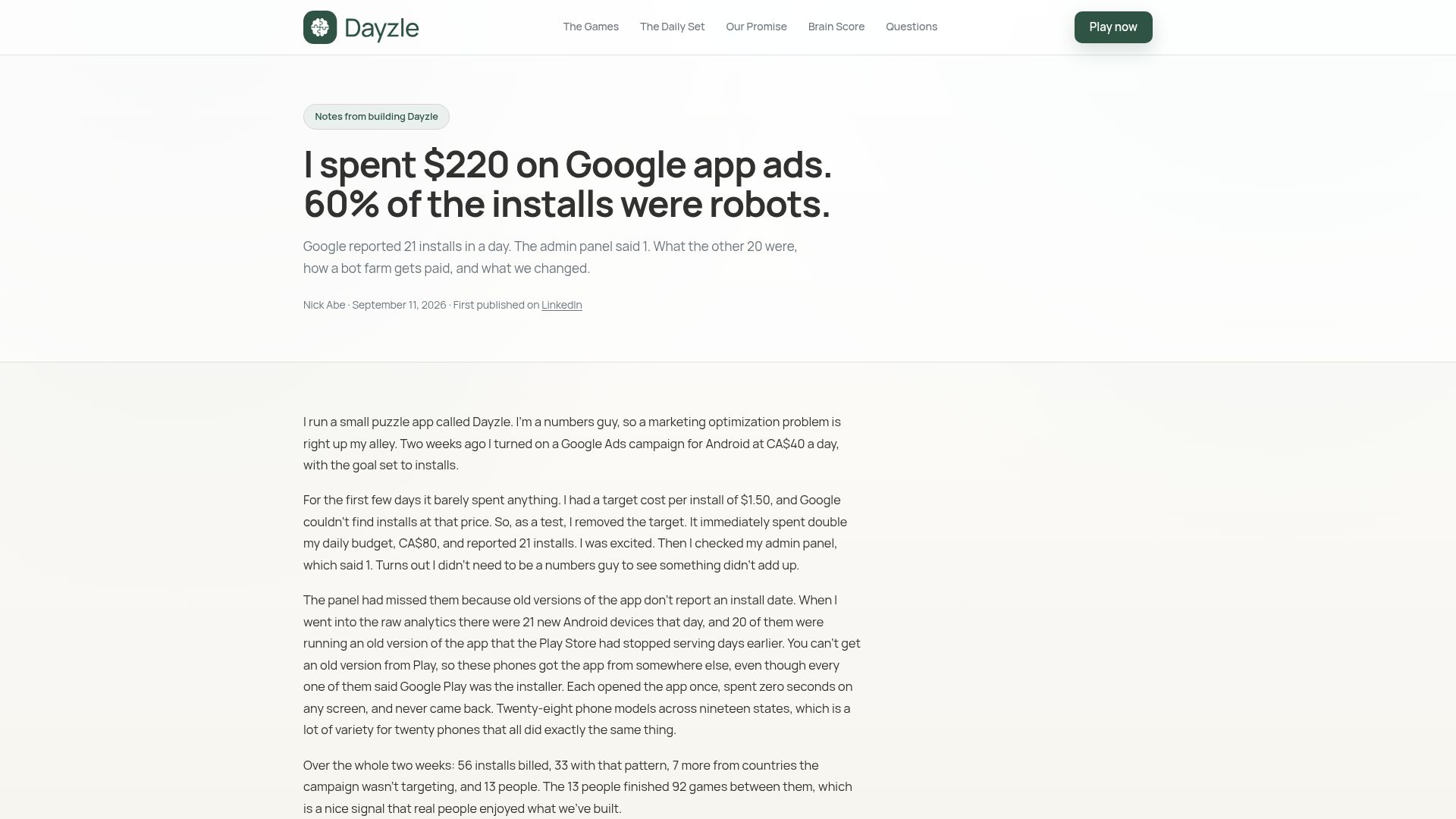 Screenshot of dayzlegame.com: I spent $220 on Google app ads and 60% of the installs were robots