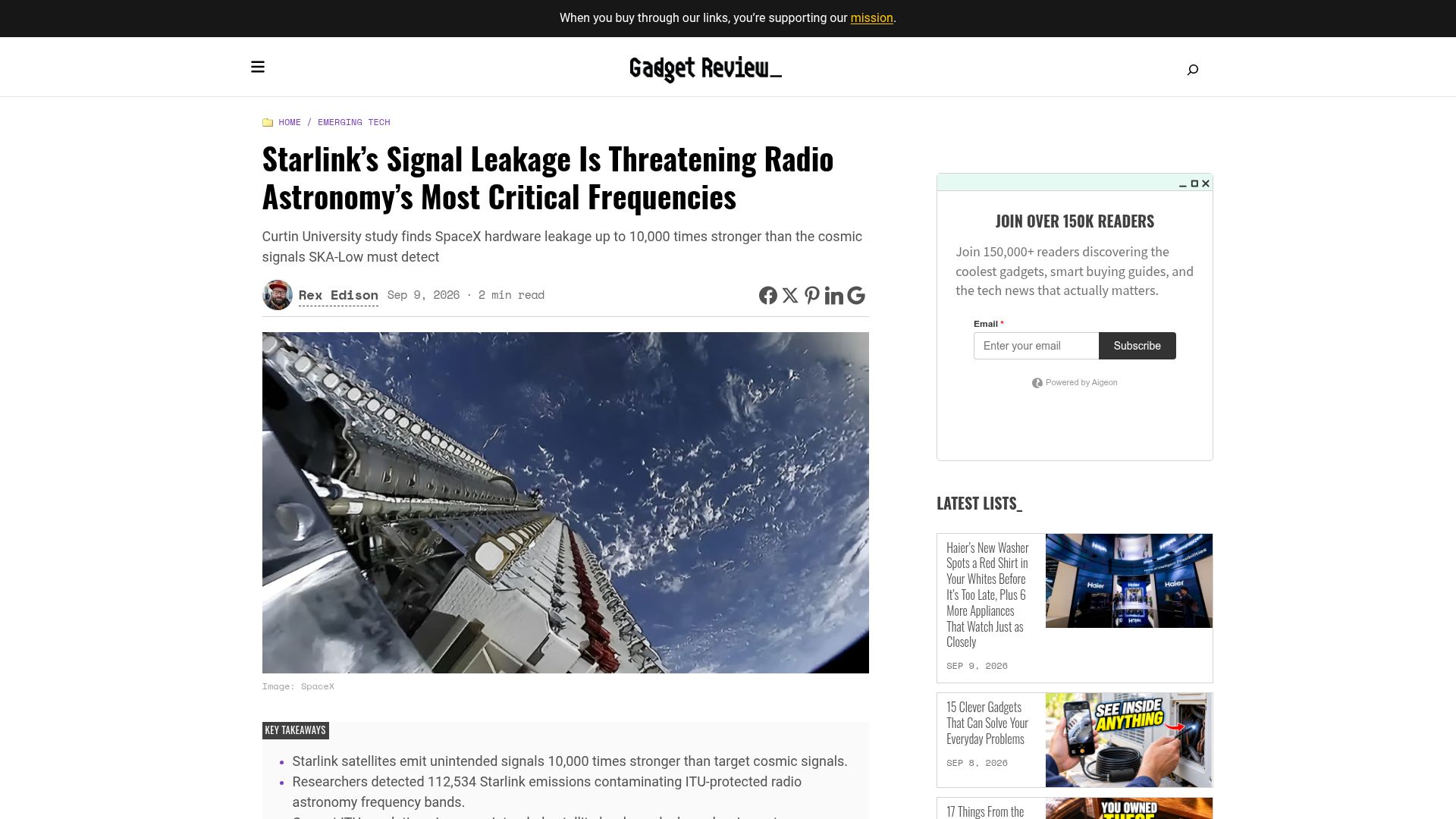 Screenshot of gadgetreview.com: Starlink Signal Leakage Threatens Radio Astronomy's Most Critical Frequencies