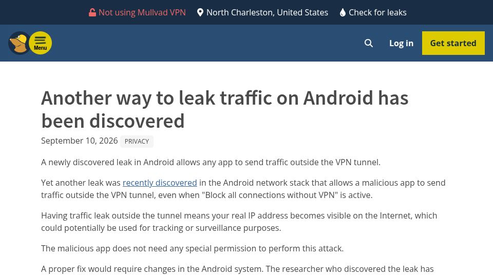 Screenshot of supuk.ch: Android NAT-T keepalive offload bypasses VPN lockdown
