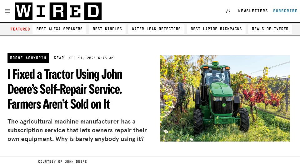 Screenshot of wired.com: I fixed a tractor using John Deere's self-repair service. Farmers aren't sold