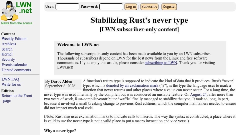 Screenshot of lwn.net: Stabilizing Rust's Never Type