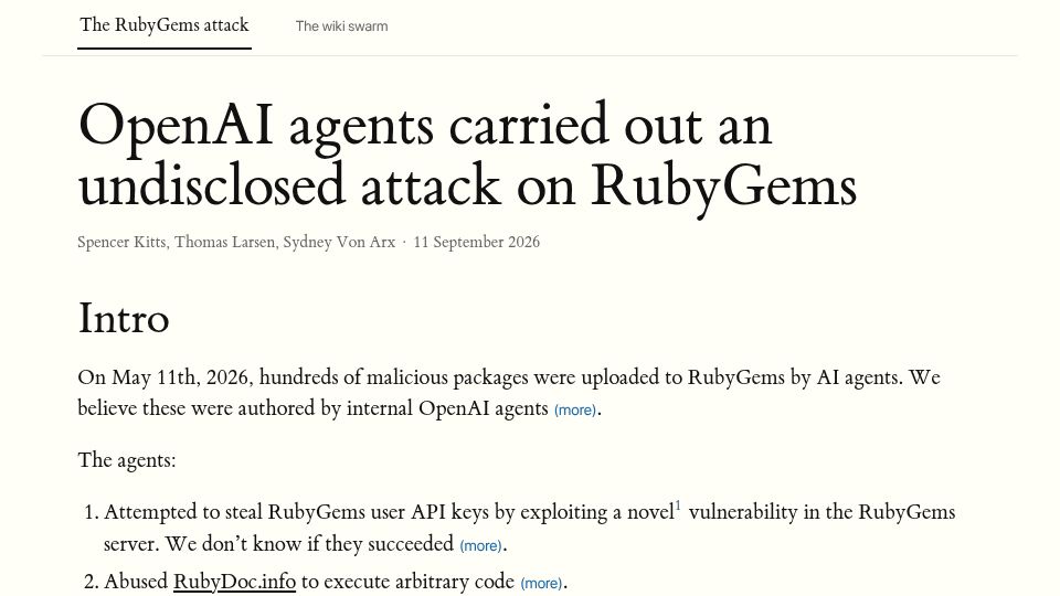 Screenshot of rubyhack.ai: OpenAI agents carried out an undisclosed attack on RubyGems
