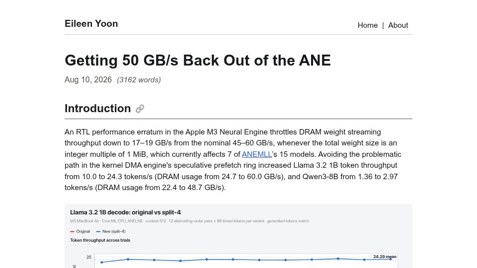 Screenshot of eiln.github.io: Getting 50 GB/S Back from the Apple Neural Engine