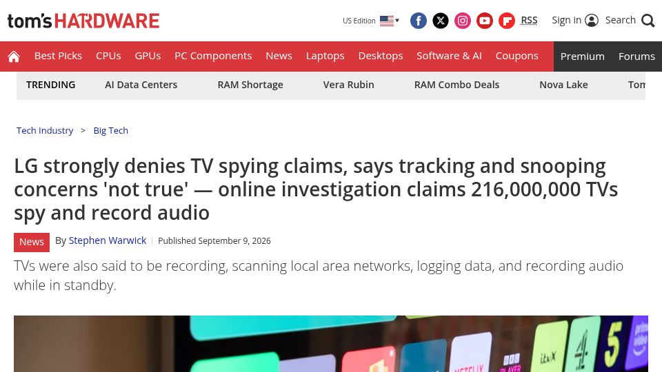 Screenshot of tomshardware.com: LG denies TV spying claims, says tracking and snooping concerns 'not true'