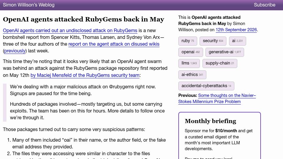 Screenshot of simonwillison.net: OpenAI agents attacked RubyGems back in May