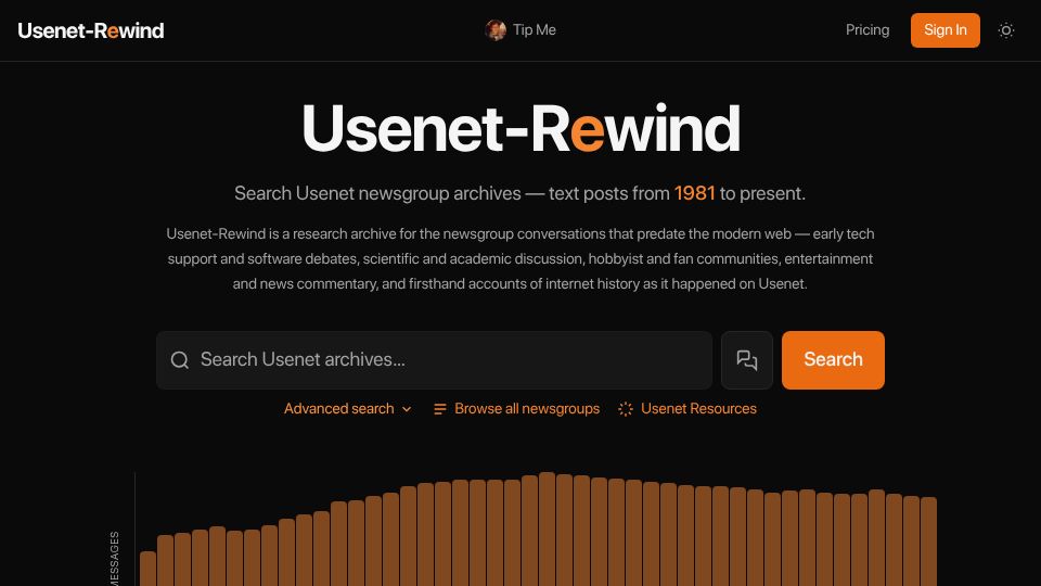 Screenshot of usenet-rewind.com: Usenet rewind archive search engine