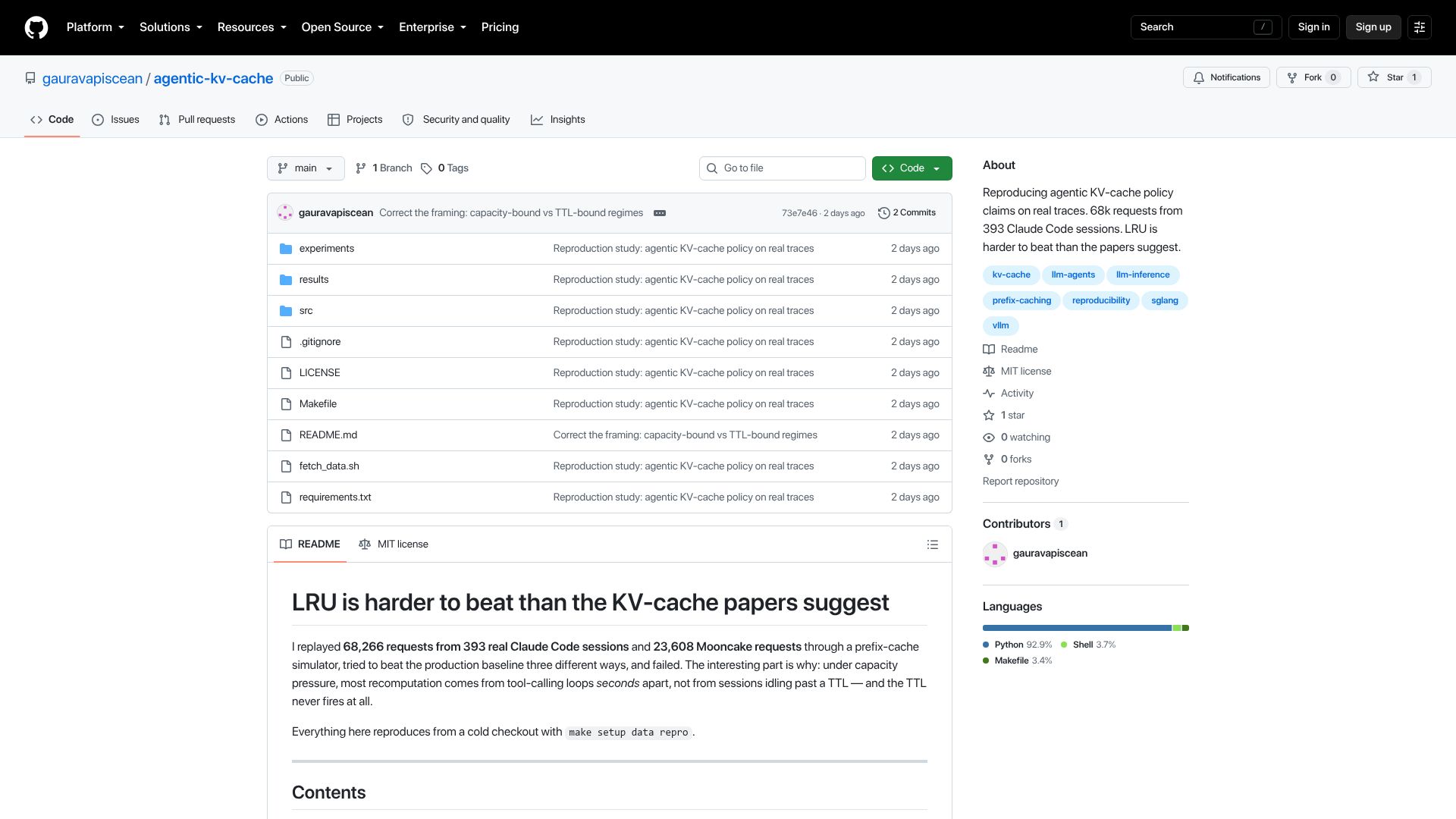 Screenshot of github.com: LRU is harder to beat than the KV-cache papers suggest