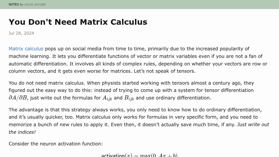 Screenshot of julesjacobs.com: You Don't Need Matrix Calculus