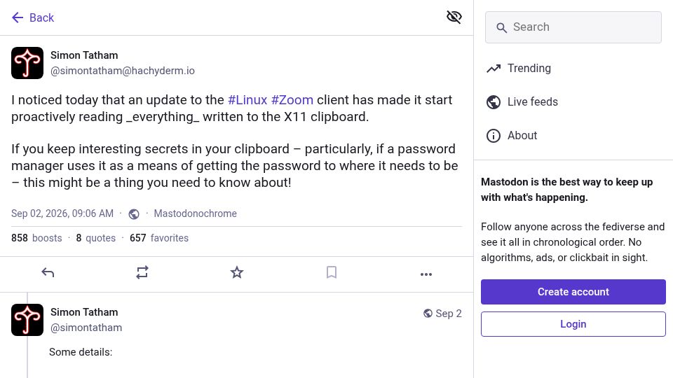 Screenshot of hachyderm.io: Linux Zoom client proactively reading everything written to X11 clipboard