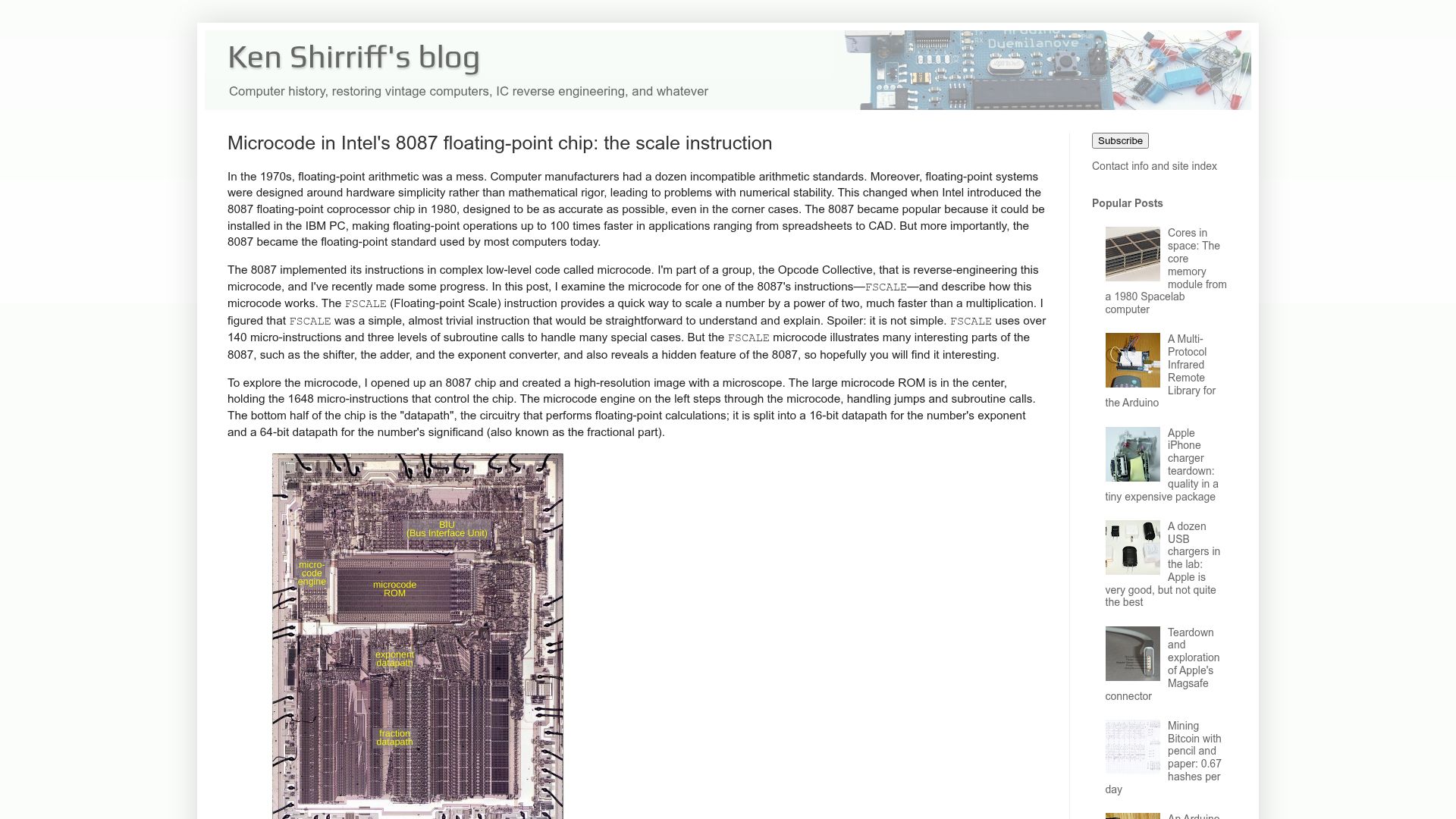 Screenshot of righto.com: Microcode in Intel's 8087 floating-point chip: the scale instruction