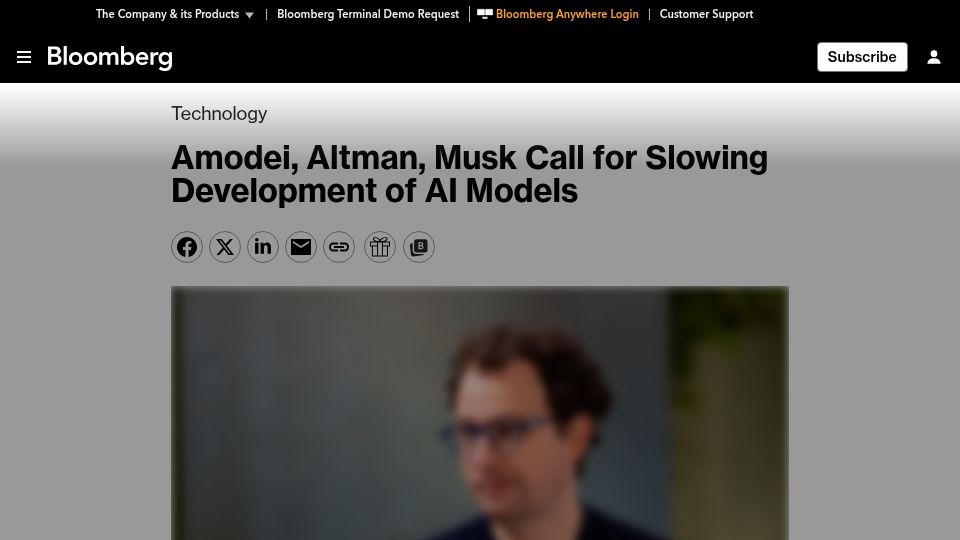 Screenshot of bloomberg.com: Anthropic CEO Says It's Time to Slow AI Model Advances
