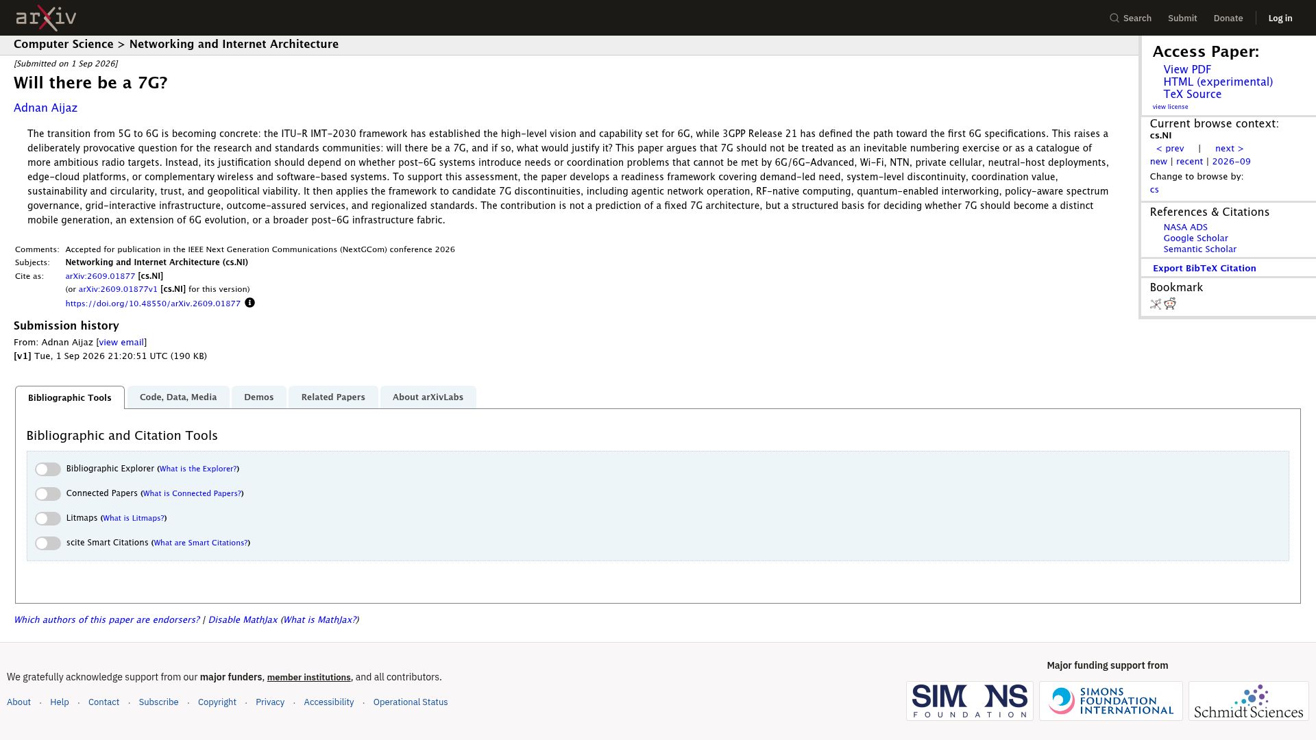 Screenshot of arxiv.org: Will there be a 7G?