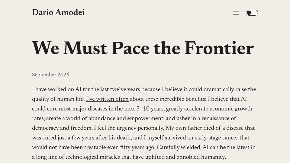 Screenshot of darioamodei.com: We must pace the frontier