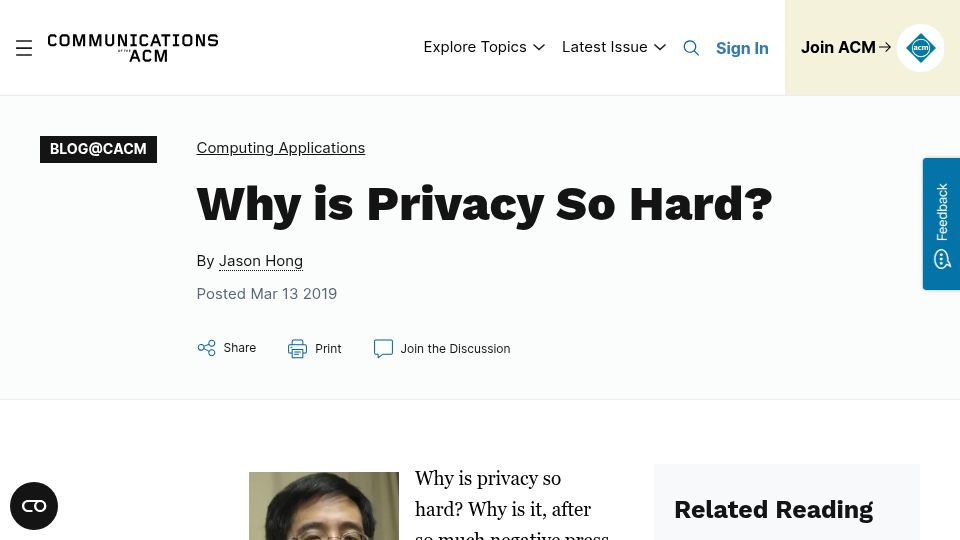 Screenshot of cacm.acm.org: Why is privacy so hard? (2019)