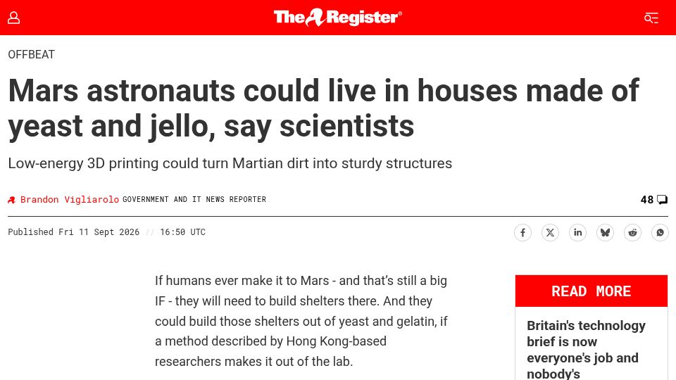 Screenshot of theregister.com: Mars astronauts could live in houses made of yeast and jello, say scientists